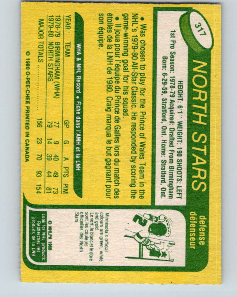 1980-81 O-Pee-Chee #317 Craig Hartsburg RC Rookie Minnesota North Stars V11529