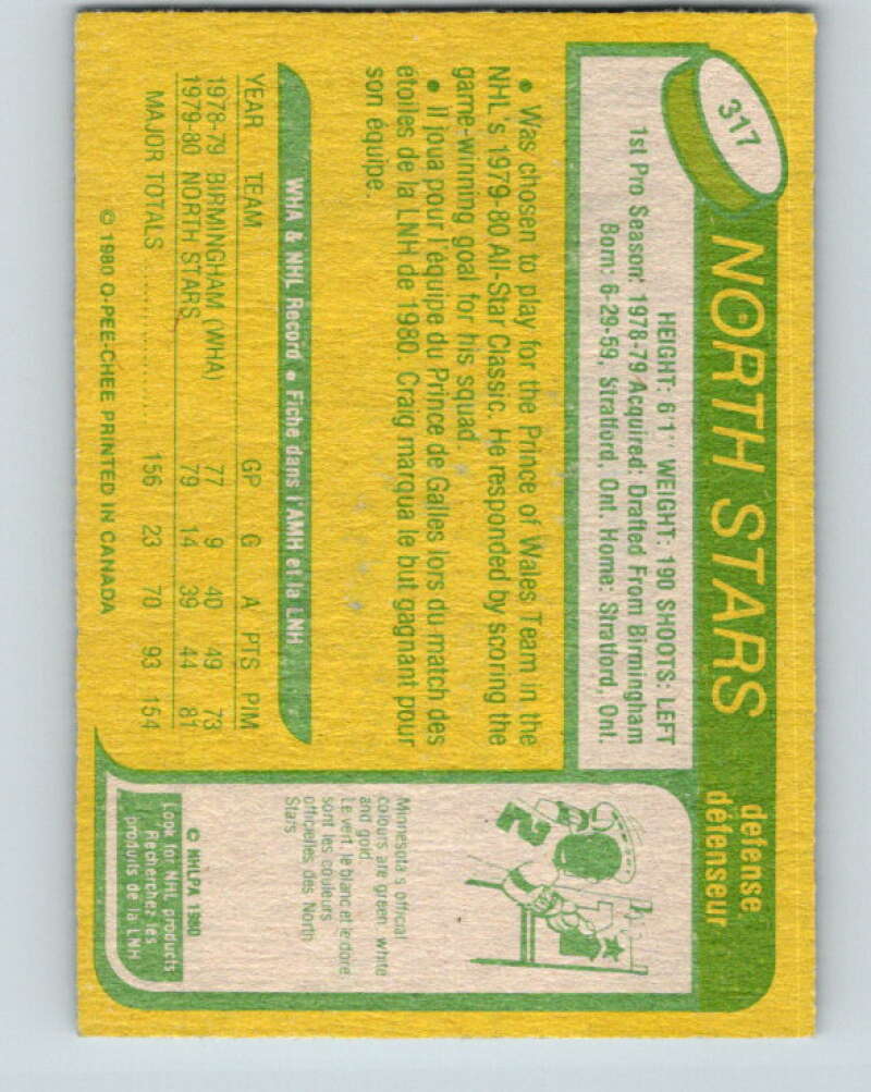 1980-81 O-Pee-Chee #317 Craig Hartsburg RC Rookie Minnesota North Stars V11530