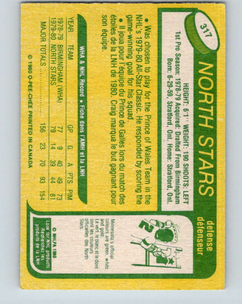 1980-81 O-Pee-Chee #317 Craig Hartsburg RC Rookie Minnesota North Stars V11531