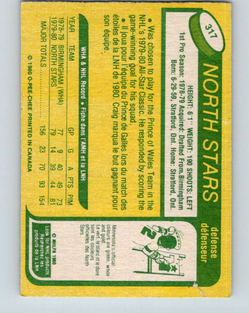 1980-81 O-Pee-Chee #317 Craig Hartsburg RC Rookie Minnesota North Stars V11533