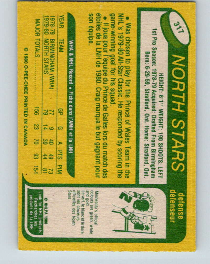 1980-81 O-Pee-Chee #317 Craig Hartsburg RC Rookie Minnesota North Stars V11534