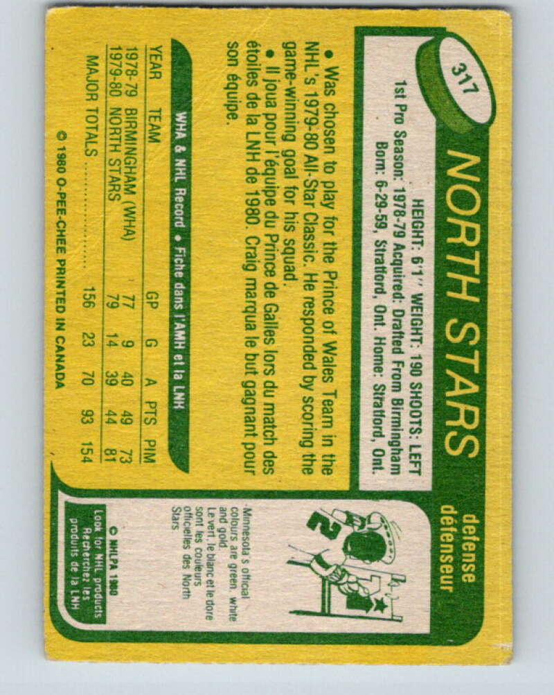 1980-81 O-Pee-Chee #317 Craig Hartsburg RC Rookie Minnesota North Stars V11535