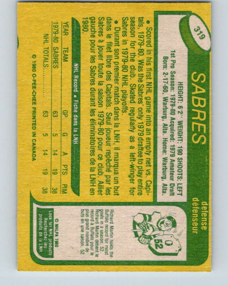 1980-81 O-Pee-Chee #319 Lindy Ruff RC Rookie Buffalo Sabres V11537