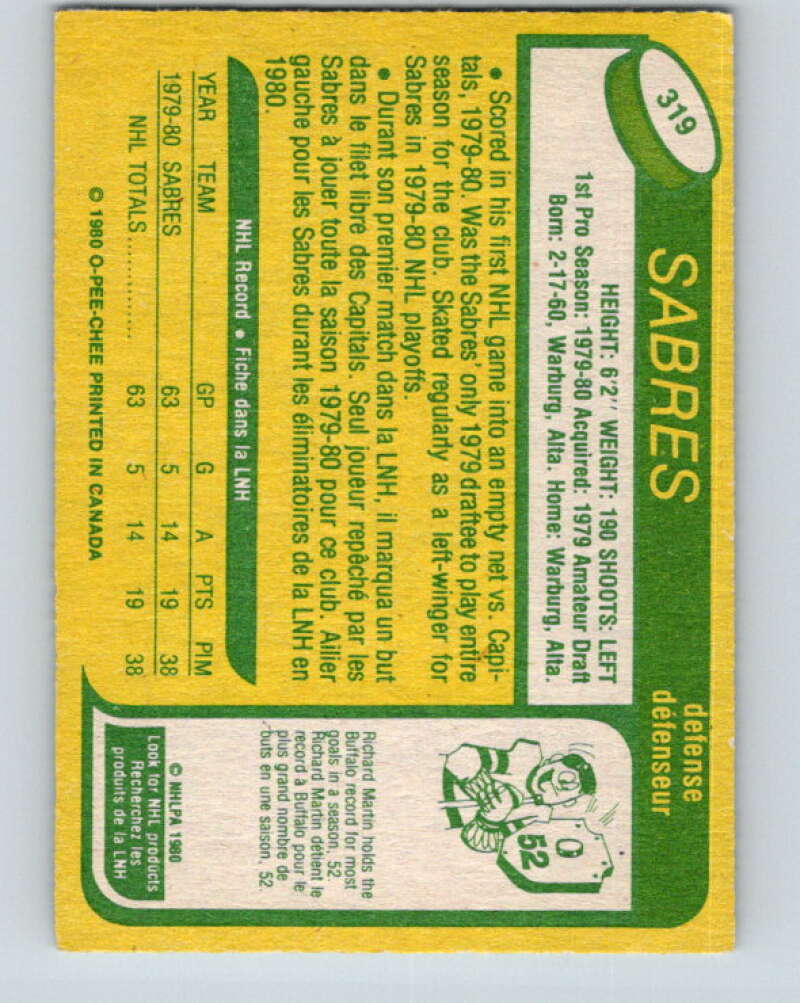 1980-81 O-Pee-Chee #319 Lindy Ruff RC Rookie Buffalo Sabres V11538