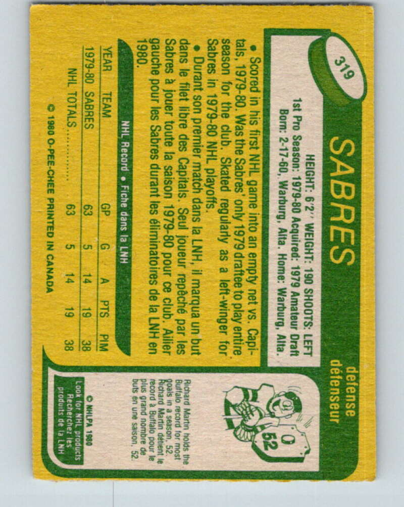 1980-81 O-Pee-Chee #319 Lindy Ruff RC Rookie Buffalo Sabres V11540