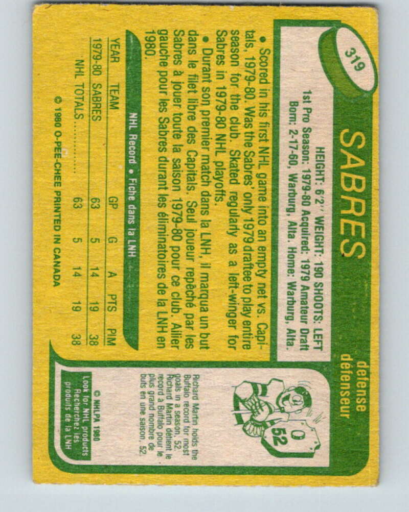 1980-81 O-Pee-Chee #319 Lindy Ruff RC Rookie Buffalo Sabres V11542