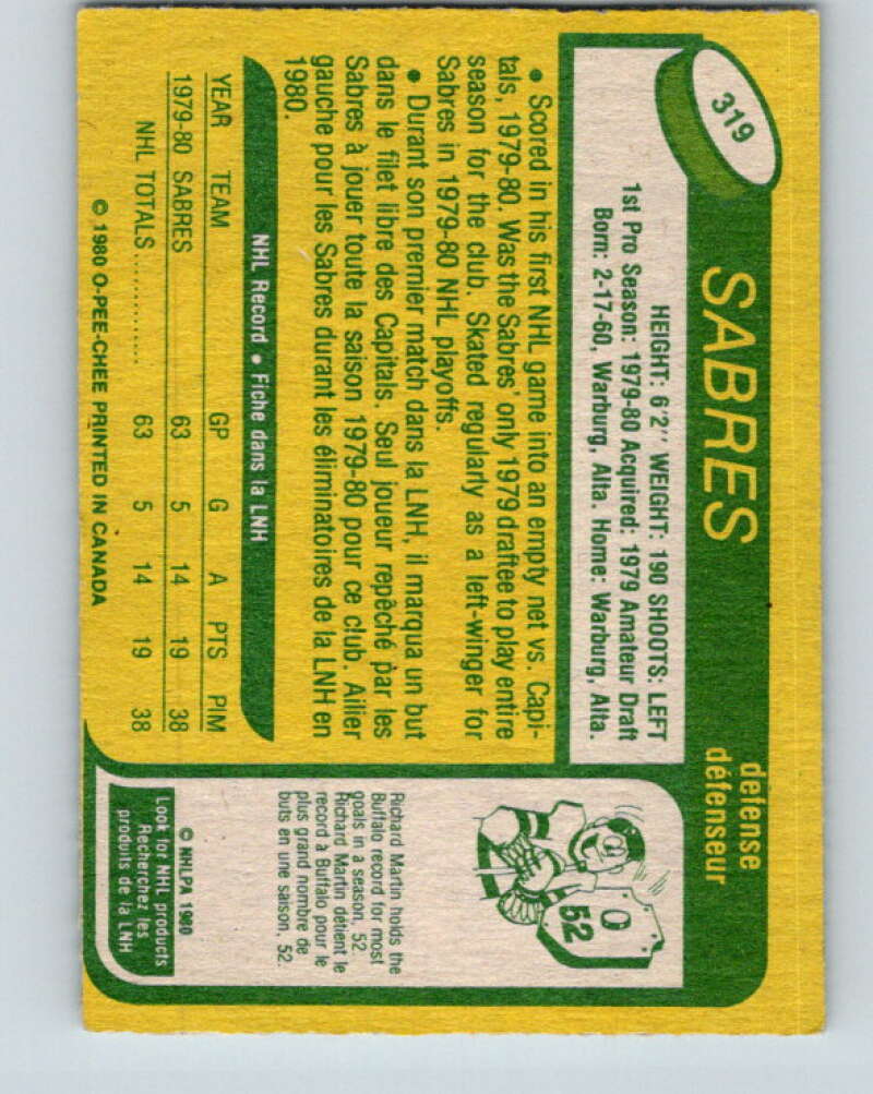 1980-81 O-Pee-Chee #319 Lindy Ruff RC Rookie Buffalo Sabres V11543