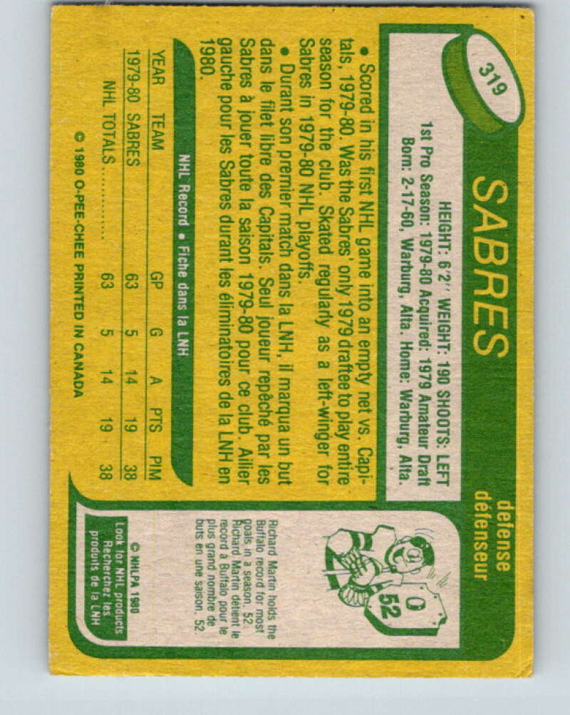 1980-81 O-Pee-Chee #319 Lindy Ruff RC Rookie Buffalo Sabres V11545