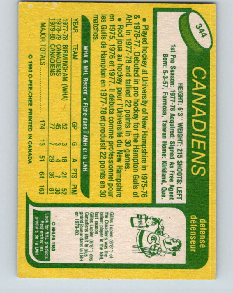 1980-81 O-Pee-Chee #344 Rod Langway RC Rookie Montreal Canadiens V11557