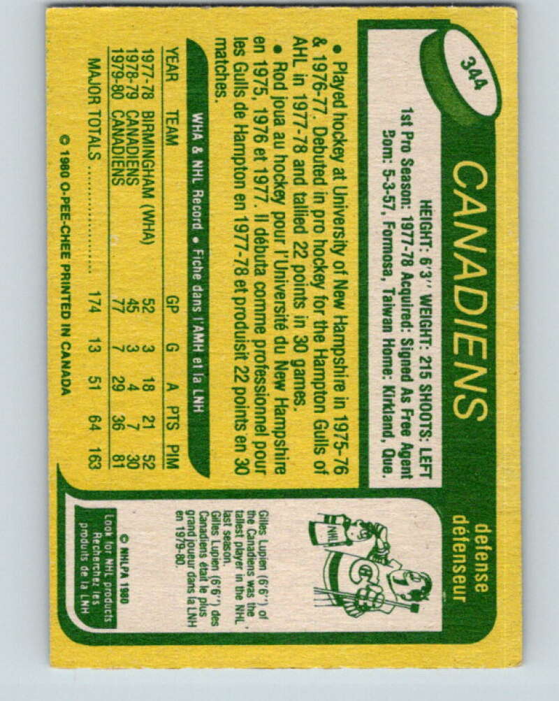 1980-81 O-Pee-Chee #344 Rod Langway RC Rookie Montreal Canadiens V11559