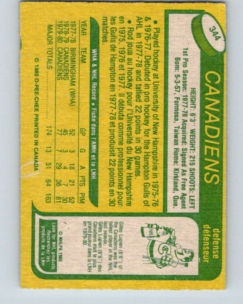 1980-81 O-Pee-Chee #344 Rod Langway RC Rookie Montreal Canadiens V11562