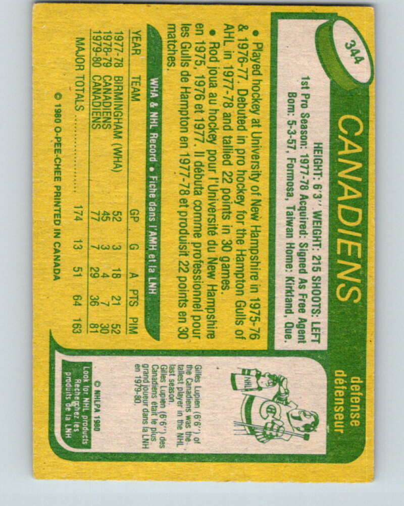 1980-81 O-Pee-Chee #344 Rod Langway RC Rookie Montreal Canadiens V11564