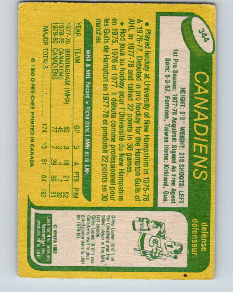 1980-81 O-Pee-Chee #344 Rod Langway RC Rookie Montreal Canadiens V11566