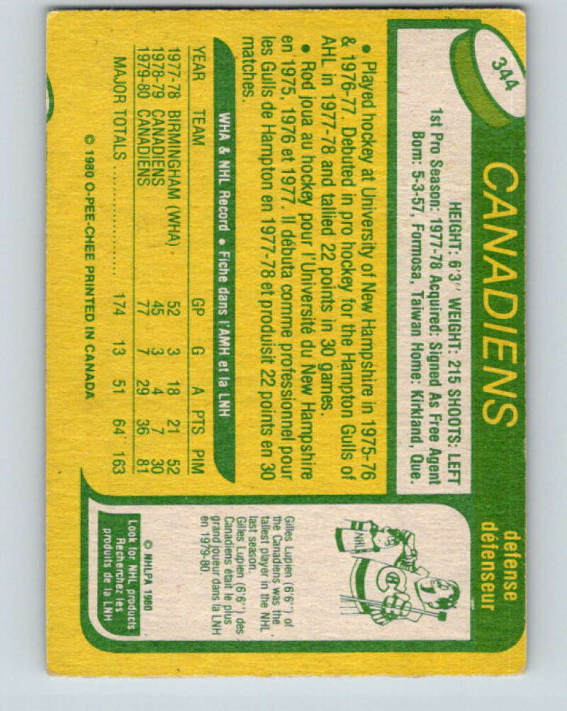 1980-81 O-Pee-Chee #344 Rod Langway RC Rookie Montreal Canadiens V11568