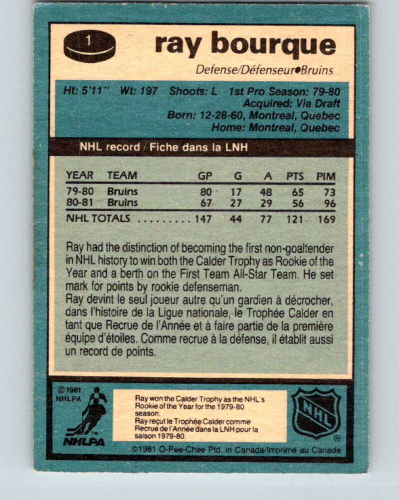 1981-82 O-Pee-Chee #1 Ray Bourque Boston Bruins V11599