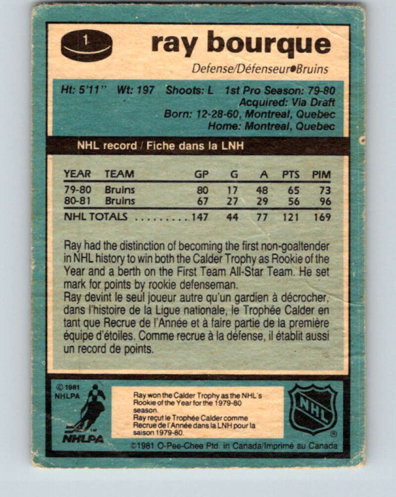 1981-82 O-Pee-Chee #1 Ray Bourque Boston Bruins V11602
