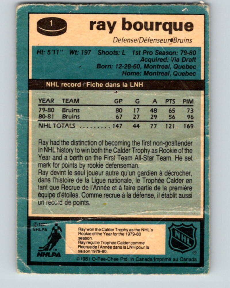 1981-82 O-Pee-Chee #1 Ray Bourque Boston Bruins V11603