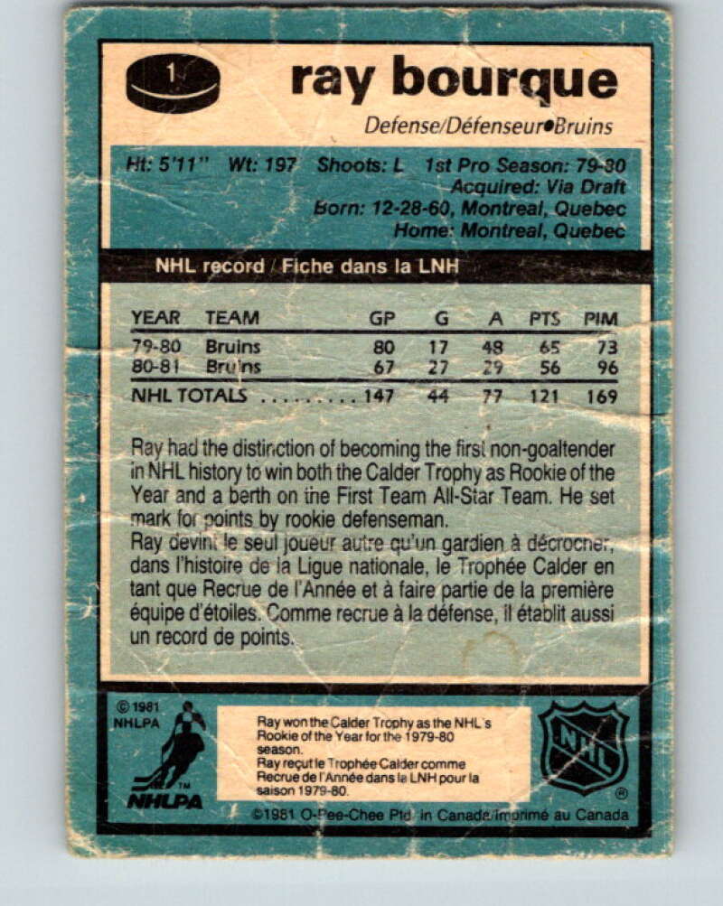 1981-82 O-Pee-Chee #1 Ray Bourque Boston Bruins V11604