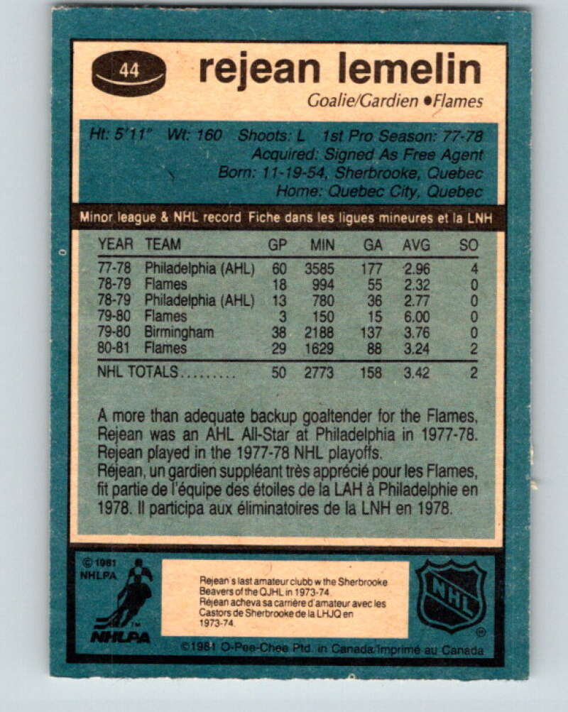1981-82 O-Pee-Chee #44 Reggie Lemelin RC Rookie Calgary Flames V11614