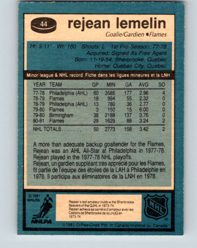 1981-82 O-Pee-Chee #44 Reggie Lemelin RC Rookie Calgary Flames V11616