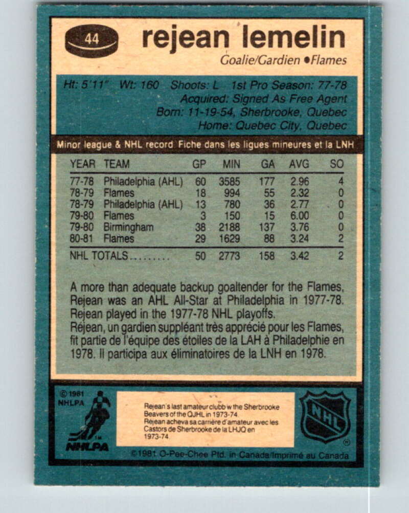 1981-82 O-Pee-Chee #44 Reggie Lemelin RC Rookie Calgary Flames V11618