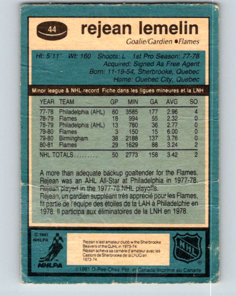 1981-82 O-Pee-Chee #44 Reggie Lemelin RC Rookie Calgary Flames V11620