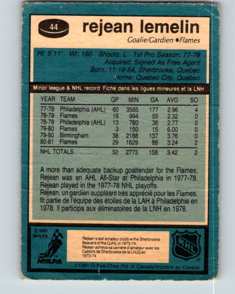 1981-82 O-Pee-Chee #44 Reggie Lemelin RC Rookie Calgary Flames V11621