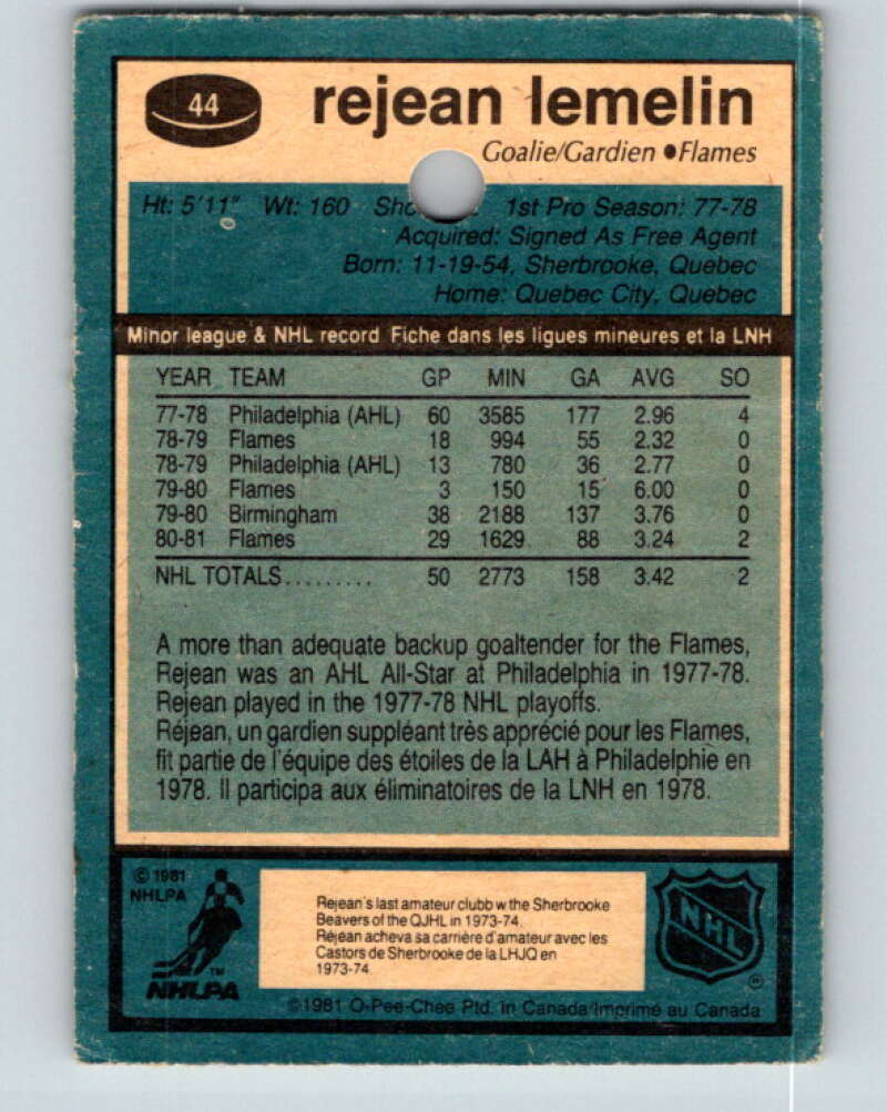 1981-82 O-Pee-Chee #44 Reggie Lemelin  RC Rookie Calgary Flames  V11622