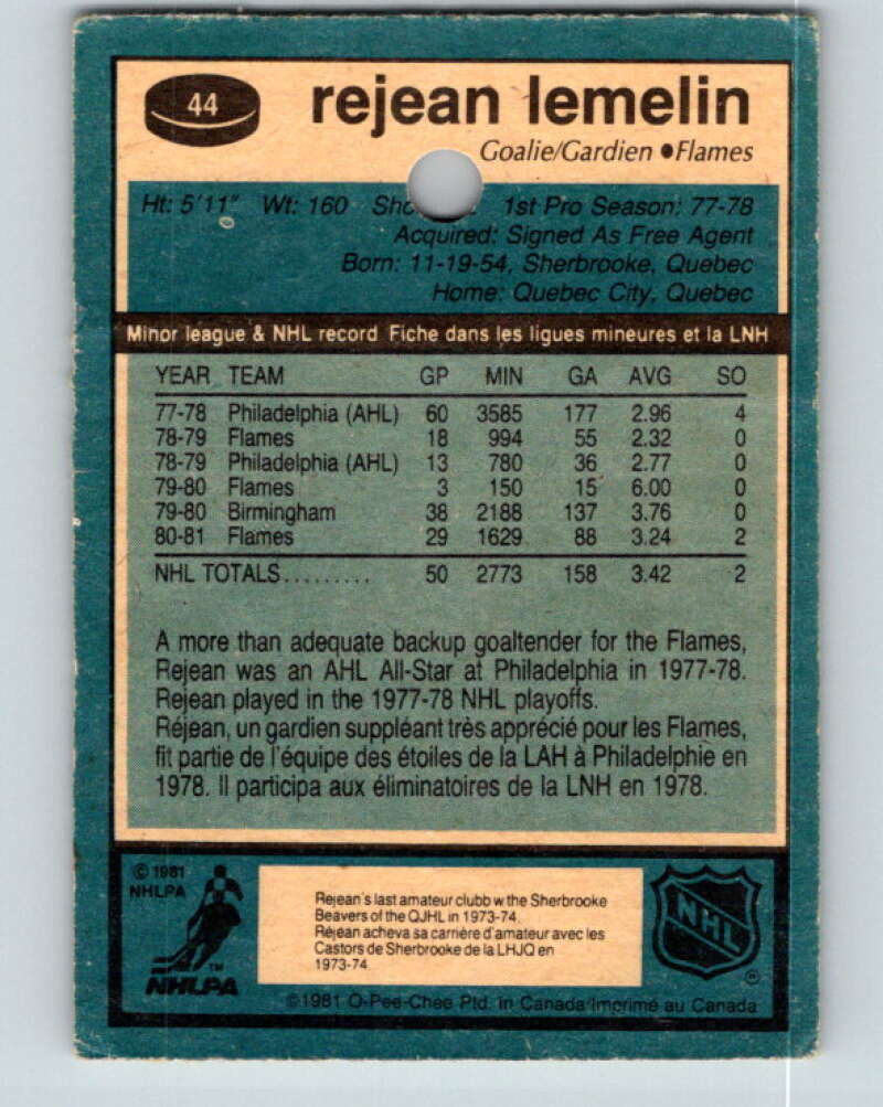 1981-82 O-Pee-Chee #44 Reggie Lemelin RC Rookie Calgary Flames V11622