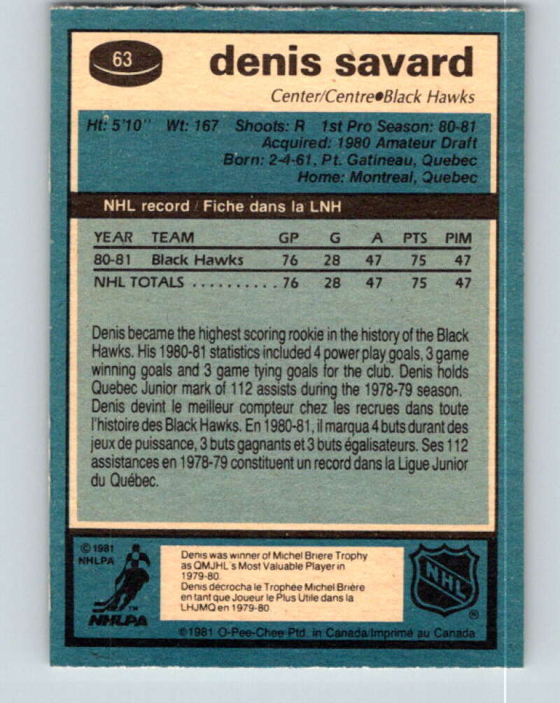 1981-82 O-Pee-Chee #63 Denis Savard RC Rookie Blackhawks V11623