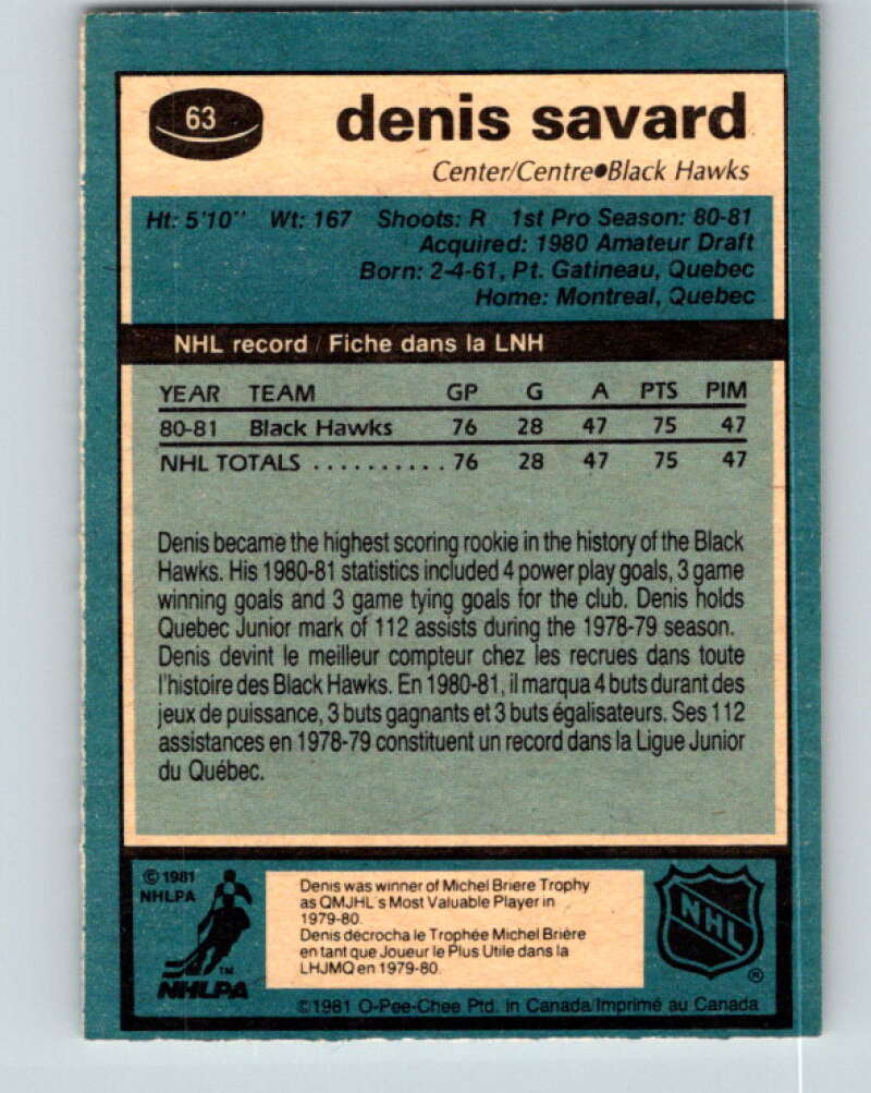 1981-82 O-Pee-Chee #63 Denis Savard RC Rookie Blackhawks V11625