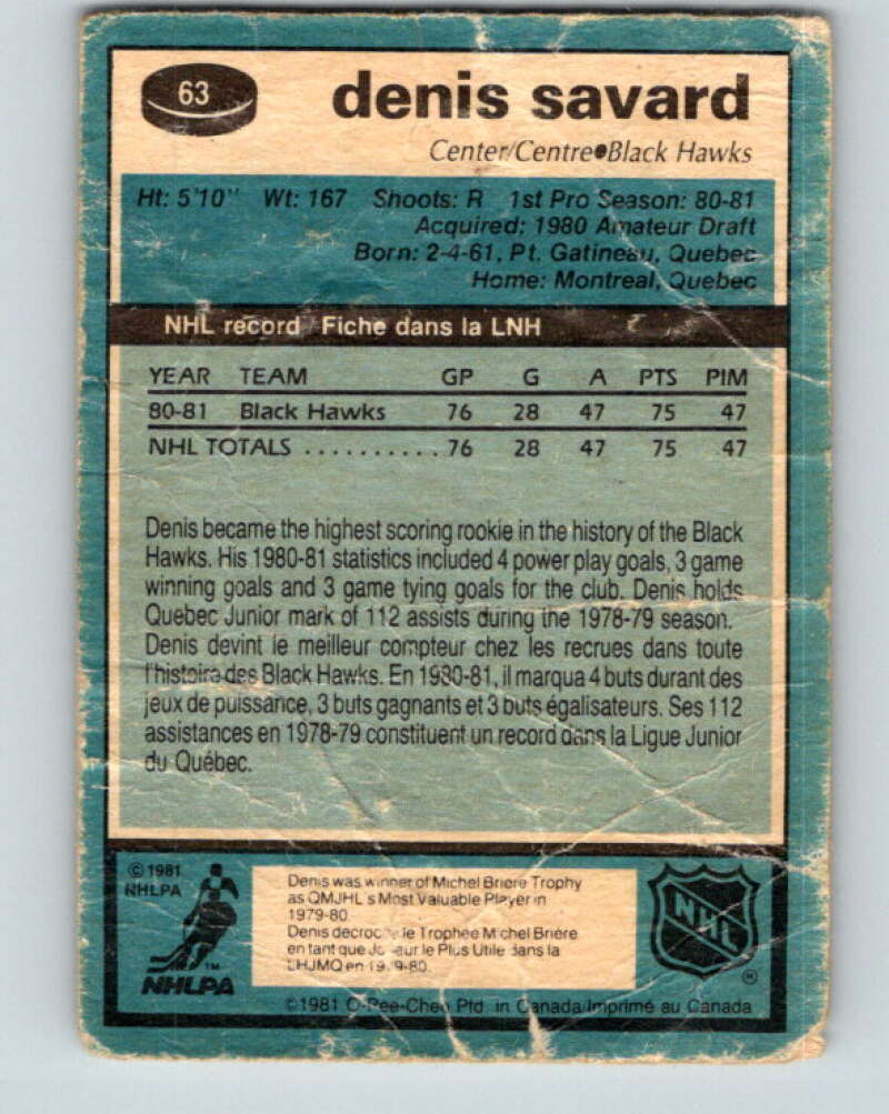 1981-82 O-Pee-Chee #63 Denis Savard RC Rookie Blackhawks V11626