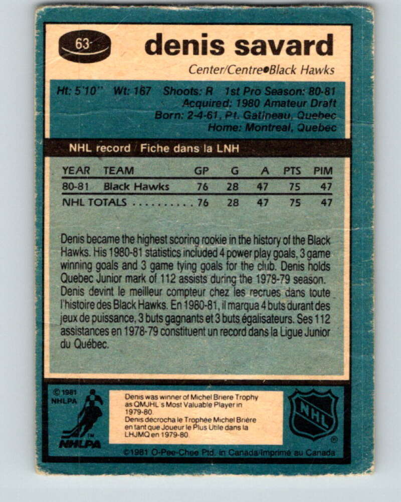 1981-82 O-Pee-Chee #63 Denis Savard RC Rookie Blackhawks V11628