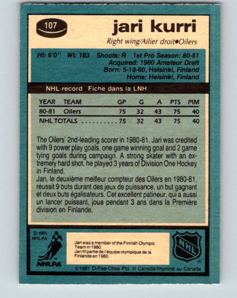 1981-82 O-Pee-Chee #107 Jari Kurri RC Rookie Edmonton Oilers V11629