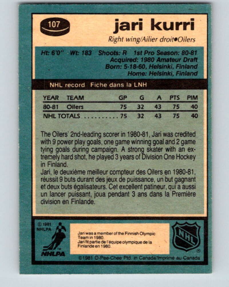 1981-82 O-Pee-Chee #107 Jari Kurri RC Rookie Edmonton Oilers V11630