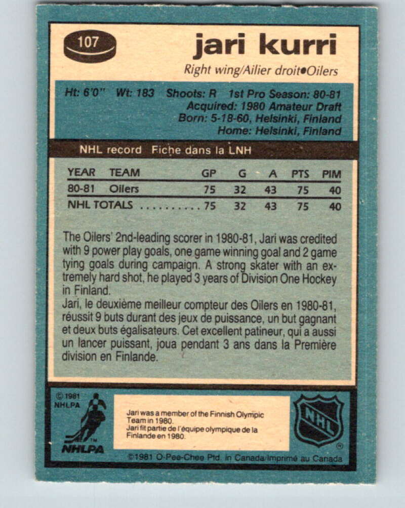 1981-82 O-Pee-Chee #107 Jari Kurri RC Rookie Edmonton Oilers V11631