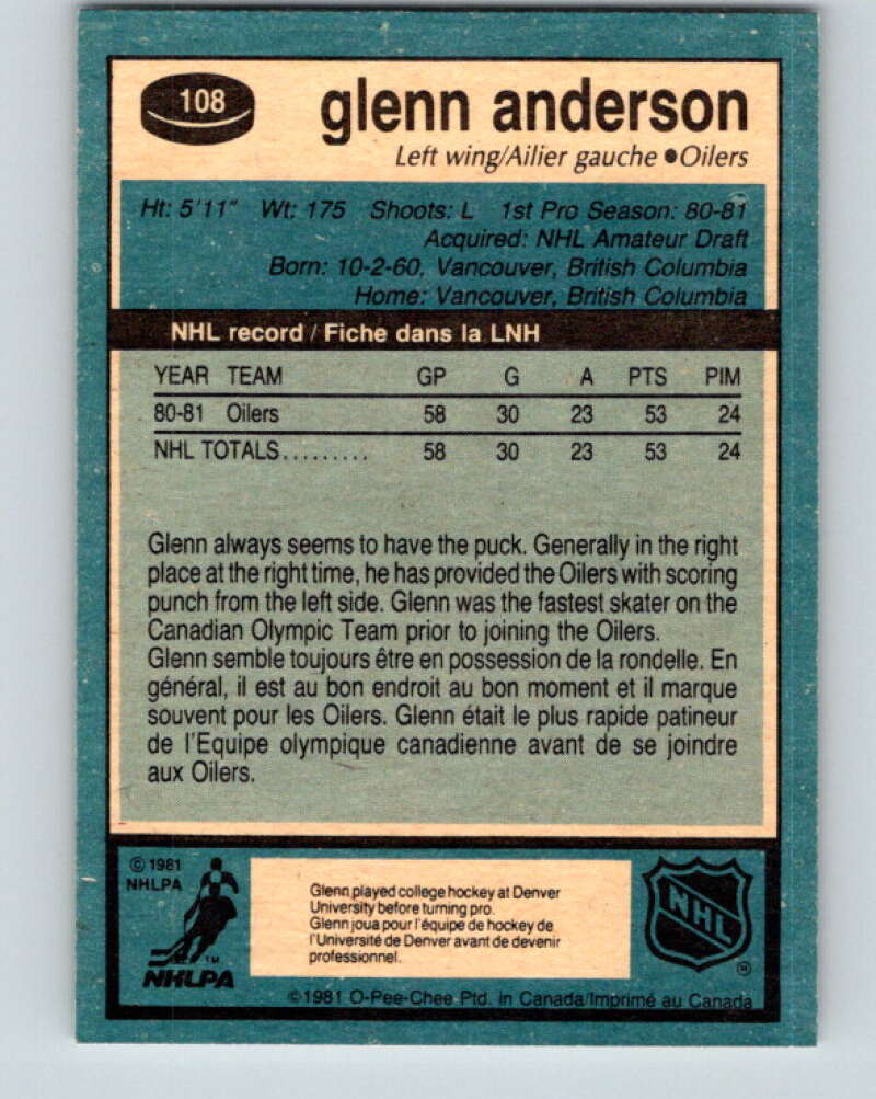 1981-82 O-Pee-Chee #108 Glenn Anderson RC Rookie Edmonton Oilers V11633