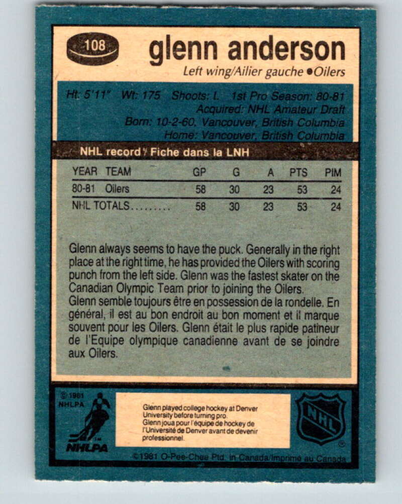 1981-82 O-Pee-Chee #108 Glenn Anderson RC Rookie Edmonton Oilers V11634