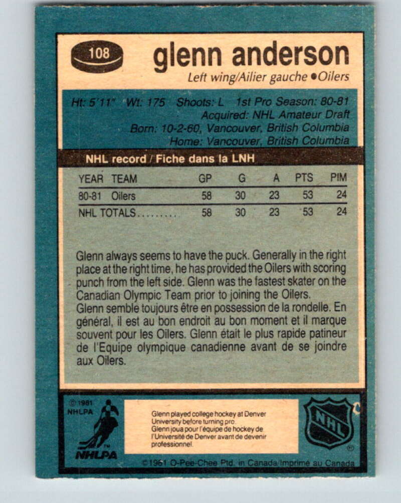 1981-82 O-Pee-Chee #108 Glenn Anderson RC Rookie Edmonton Oilers V11635