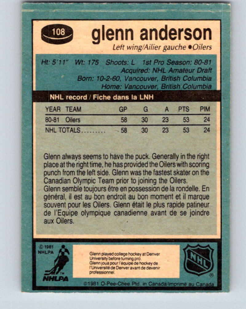 1981-82 O-Pee-Chee #108 Glenn Anderson RC Rookie Edmonton Oilers V11636