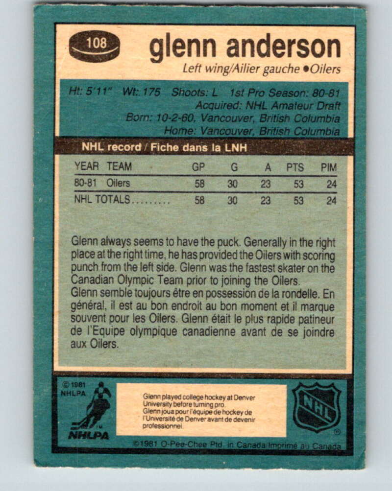 1981-82 O-Pee-Chee #108 Glenn Anderson RC Rookie Edmonton Oilers V11637