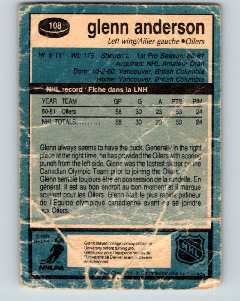 1981-82 O-Pee-Chee #108 Glenn Anderson RC Rookie Edmonton Oilers V11638