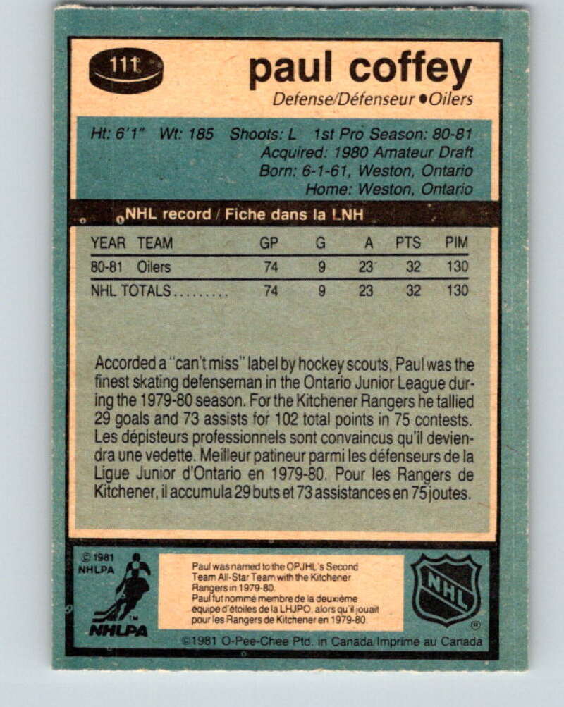 1981-82 O-Pee-Chee #111 Paul Coffey RC Rookie Edmonton Oilers V11640