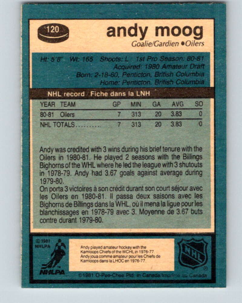 1981-82 O-Pee-Chee #120 Andy Moog RC Rookie Edmonton Oilers V11653