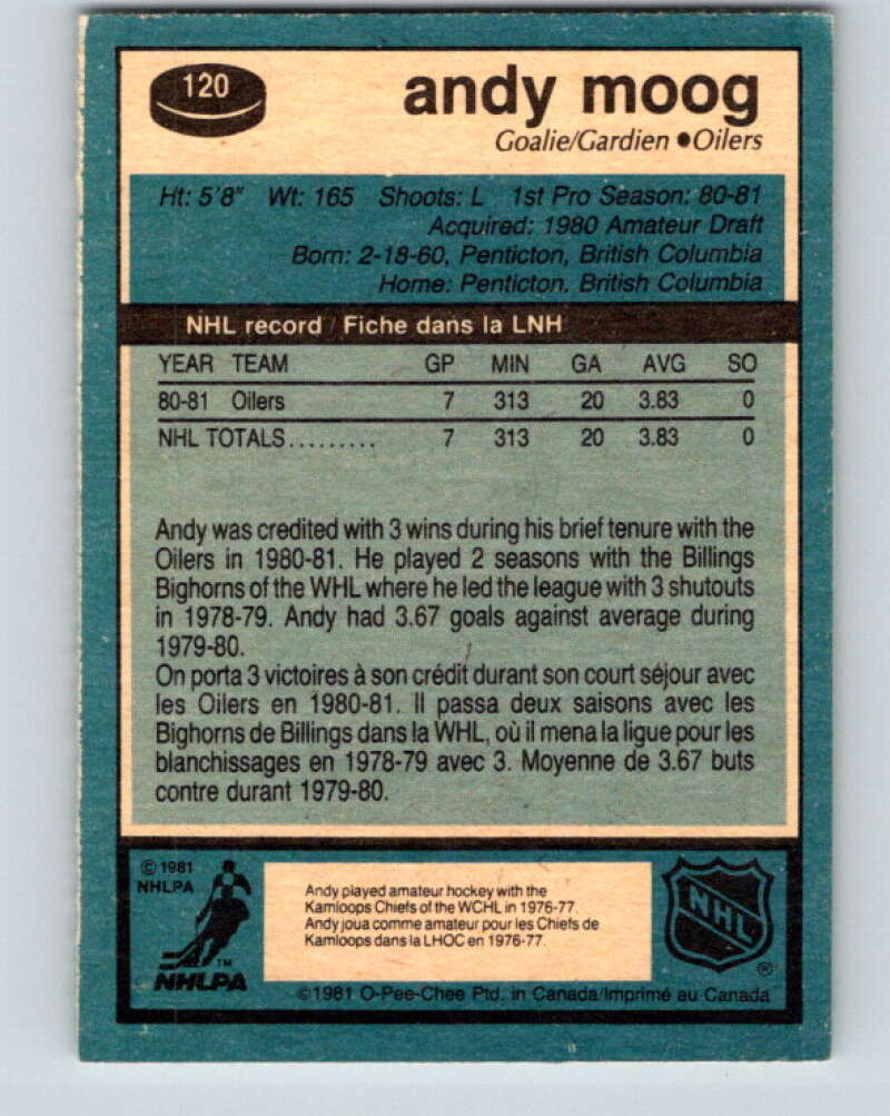 1981-82 O-Pee-Chee #120 Andy Moog RC Rookie Edmonton Oilers V11654