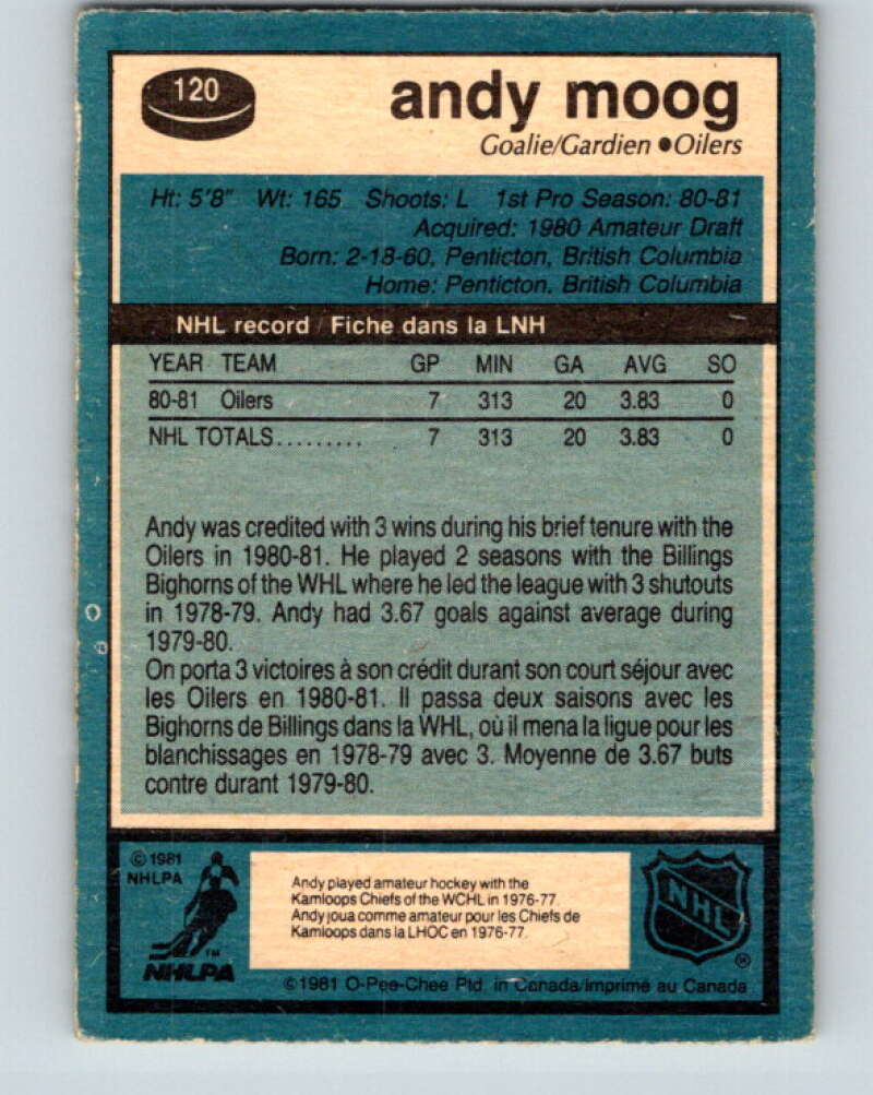 1981-82 O-Pee-Chee #120 Andy Moog RC Rookie Edmonton Oilers V11655