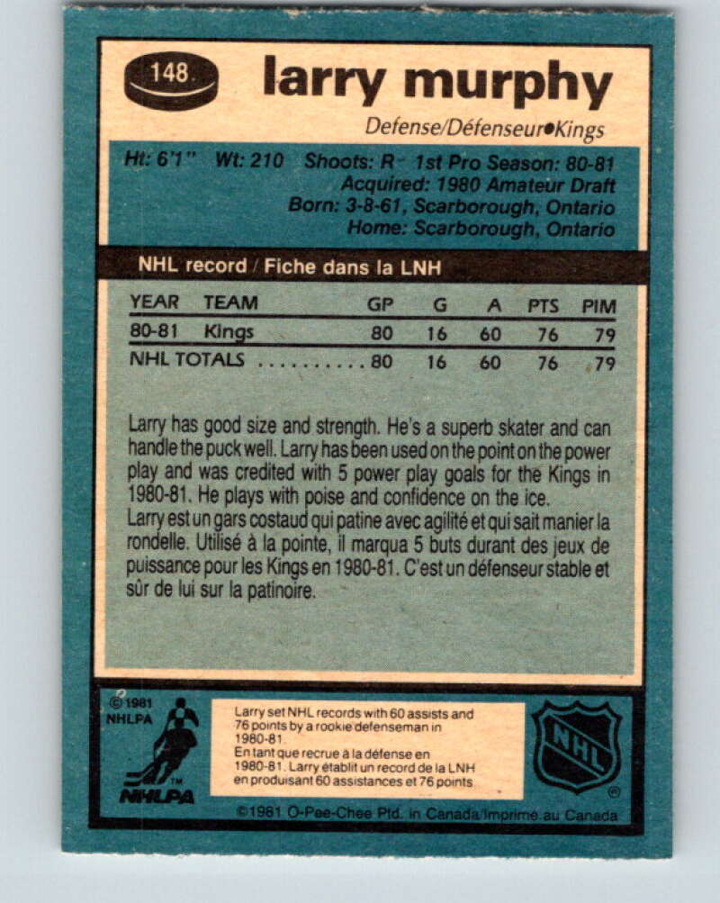 1981-82 O-Pee-Chee #148 Larry Murphy RC Rookie Los Angeles Kings V11656