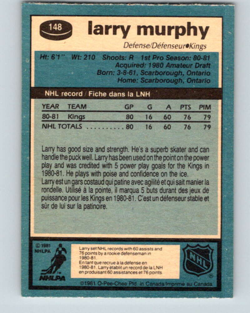 1981-82 O-Pee-Chee #148 Larry Murphy  RC Rookie Los Angeles Kings  V11657