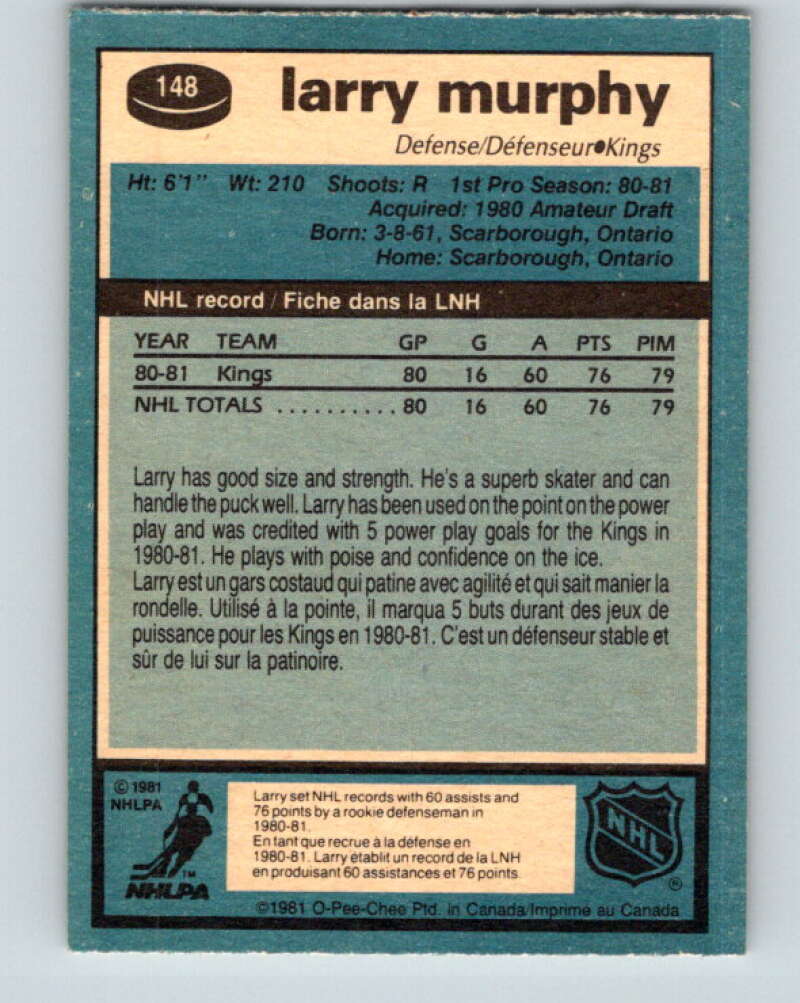 1981-82 O-Pee-Chee #148 Larry Murphy RC Rookie Los Angeles Kings V11657