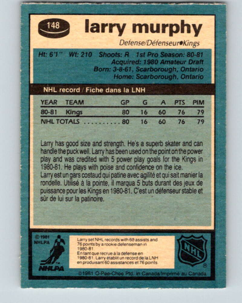 1981-82 O-Pee-Chee #148 Larry Murphy  RC Rookie Los Angeles Kings  V11658